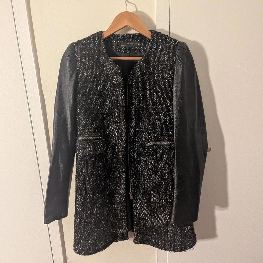 Zara Black and Gray Tweed Women's Jacket with Pleather Sleeves